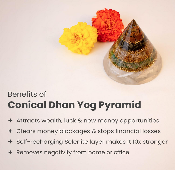 Conical Dhan Yog Pyramid With Selenite Base
