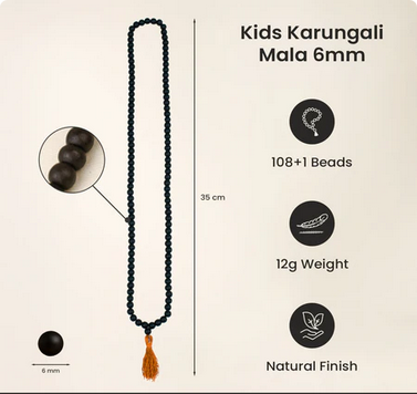 Karungali Malai 6mm for Kids (108+1 Beads) Original Ebony Wood (Govt. Certified)