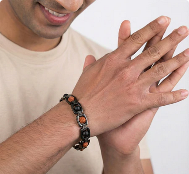 Metal Rudraksha and Karungali Bracelet - Black