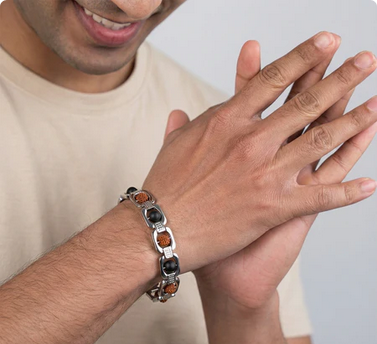 Metal Rudraksha and Karungali Bracelet - Silver
