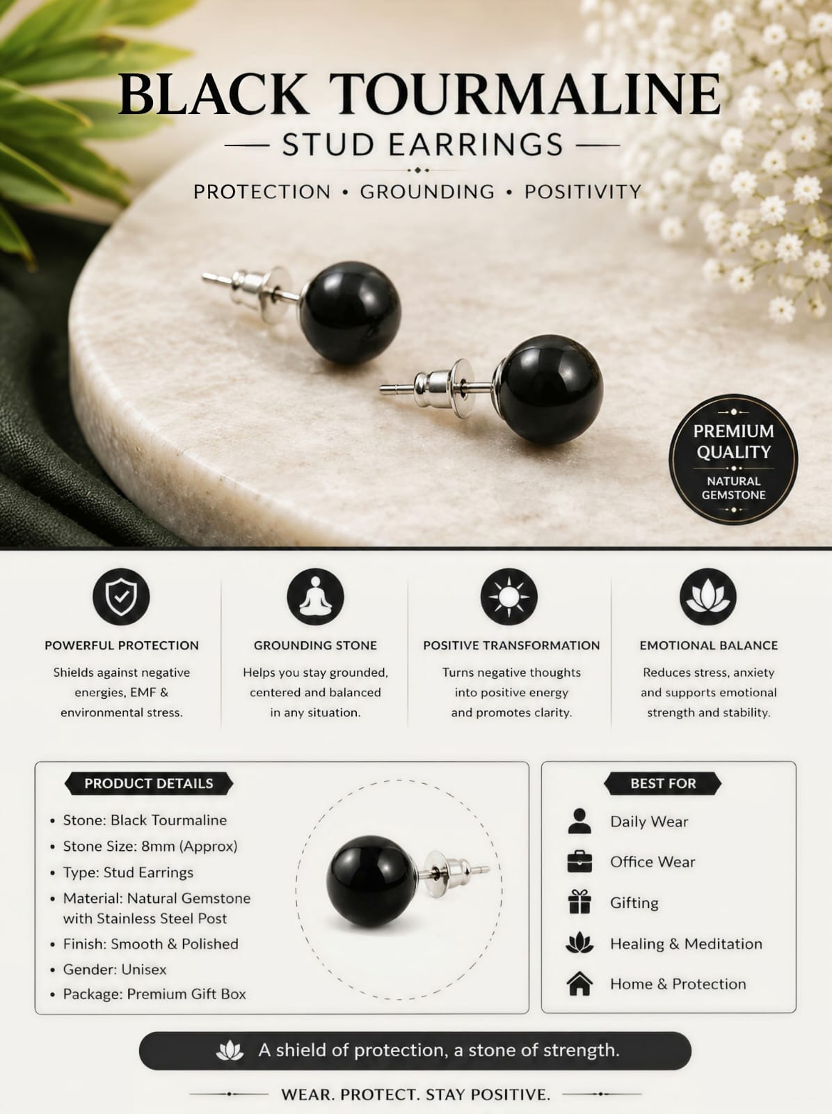 Black Tourmaline Stud Earings